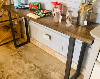 Industrial Farmhouse Entryway Table: Dark Walnut Wood Top, Raw Steel Legs