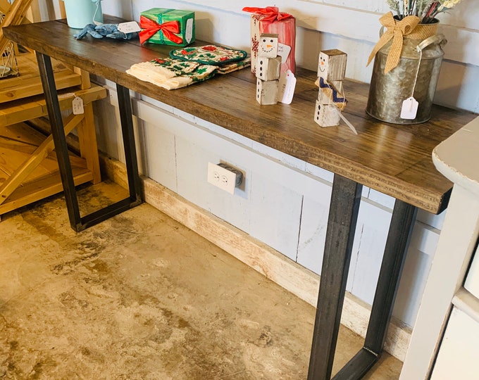 Industrial Farmhouse Entryway Table with Steel Legs and Wooden Dark Walnut Top, Modern Console Table Raw Steel Metal Legs