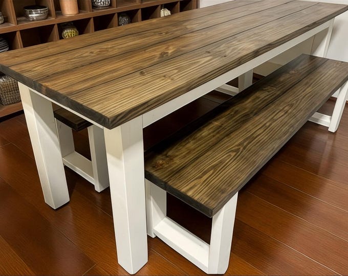 Narrow Farmhouse Dining Room Table Set with Benches, Small Wood Dining Table, Modern Kitchen Table, Rustic Decor