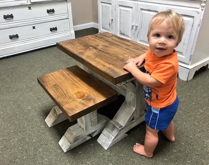 Kids Rustic Pedestal Style Farmhouse Table Set with Benches, Children's Table, Dining Set, Provincial Brown Top with White Distressed Base