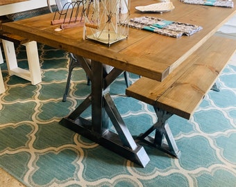 Industrial Farmhouse Table Set with Bench and Chairs,Raw Steel Pedestal Base, Weathered Brown Top With Breadboards, Dining Or Kitchen Table