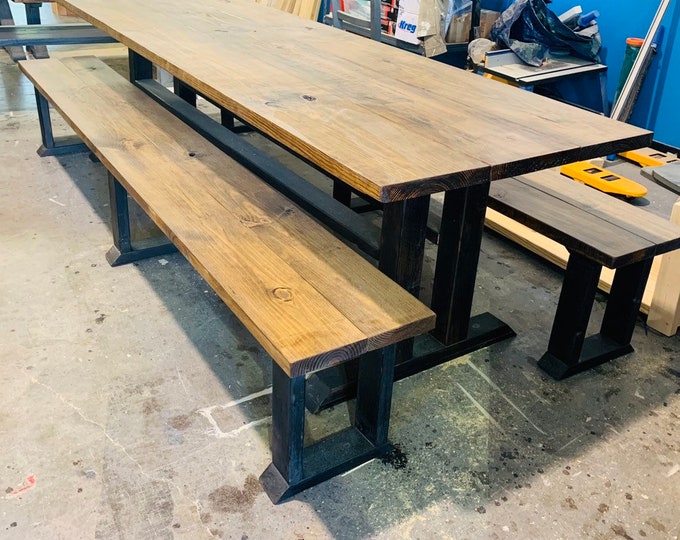 Modern Farmhouse Table with Long Benches, Provincial brown Top, Black Trestle Distressed Base Dining Set, Banquet Table, Long Table