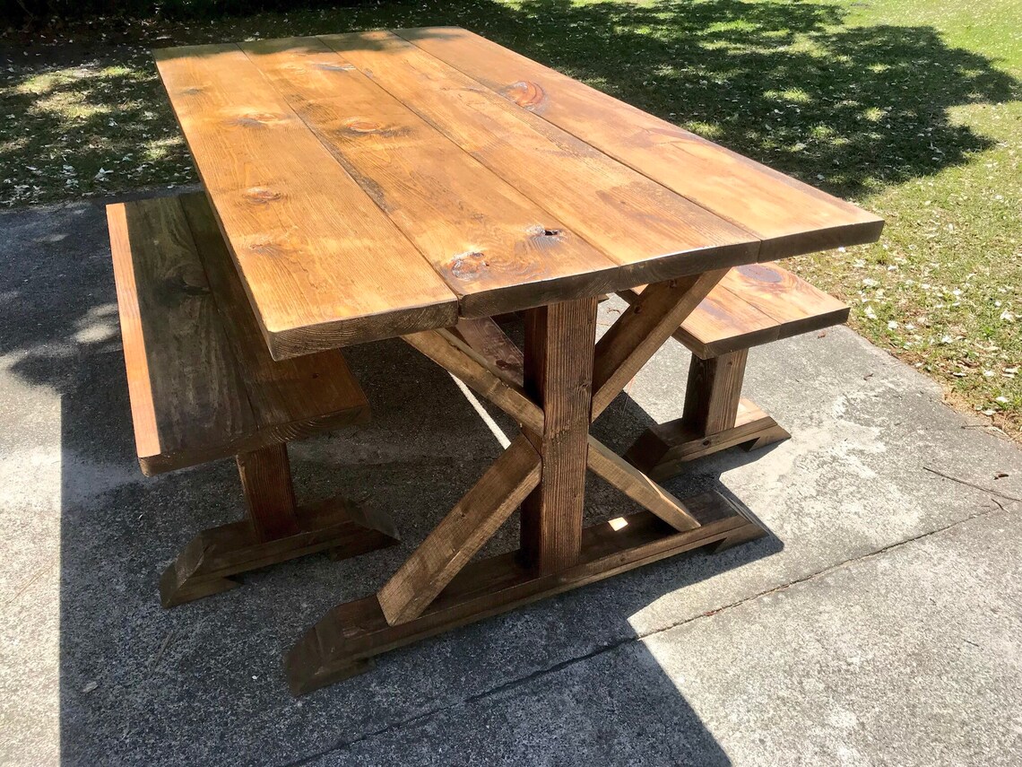 Rustic Pedestal Farmhouse Table With Benches Provincial Brown Etsy