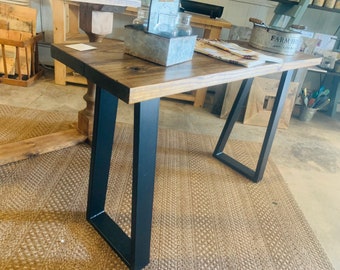 Industrial Farmhouse Entryway Table with Black Steel Legs and Honey Brown Wooden, Modern Console Table Steel Metal Legs