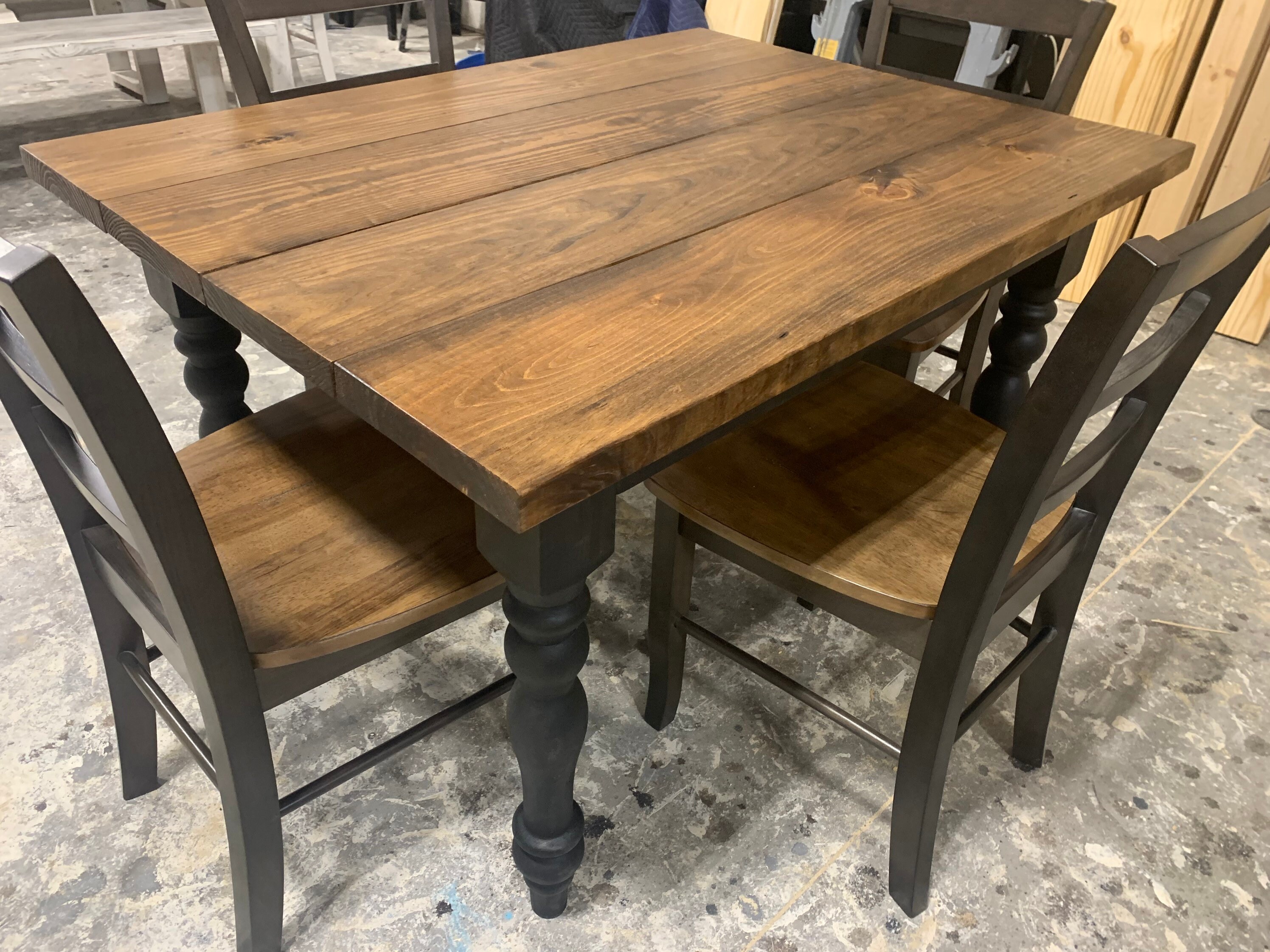 Small Rustic Turned Leg Farmhouse Table Set, Chairs with Black Base and