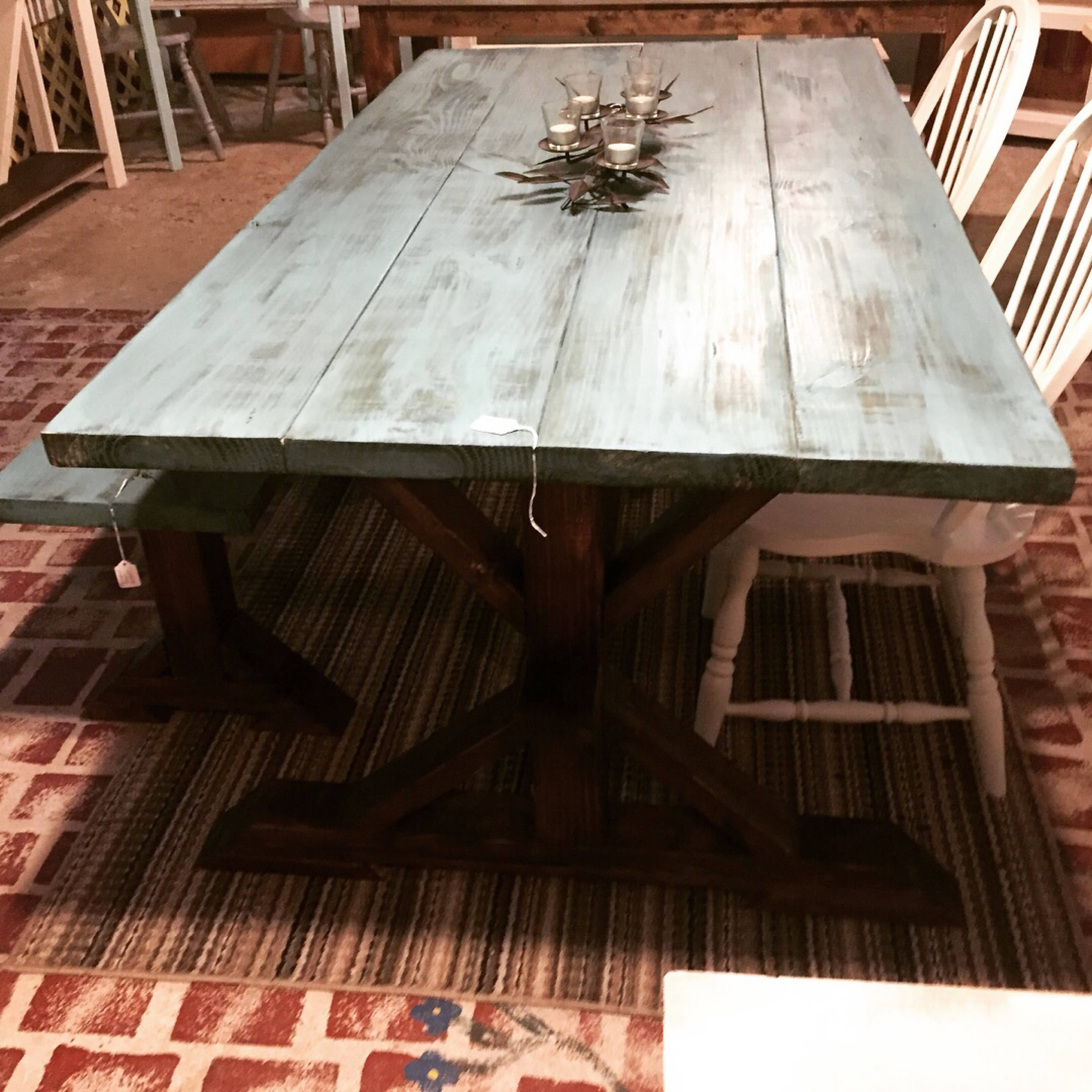 Rustic Pedestal Farmhouse Table With Bench Beatiful Teal Distressed Top