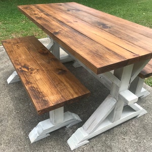 Rustic Farmhouse Dining Table with Benches: Provincial Brown, Distressed White Base