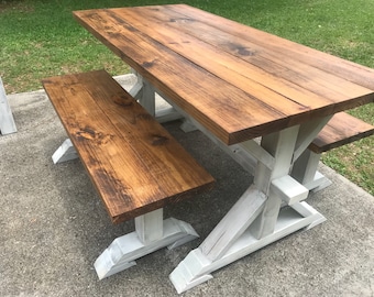Rustic Farmhouse Dining Table with Benches: Provincial Brown, Distressed White Base