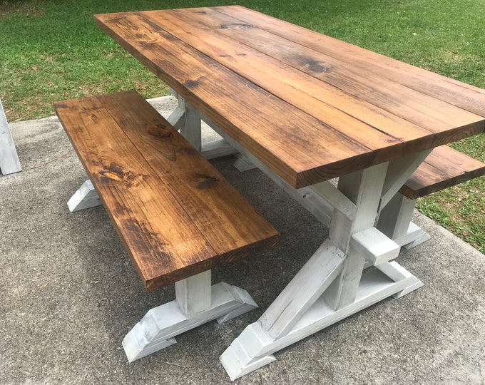 Rustic Small Pedestal Farmhouse Table With Benches Provincial Brown with White Distressed Base Narrow Dining Set