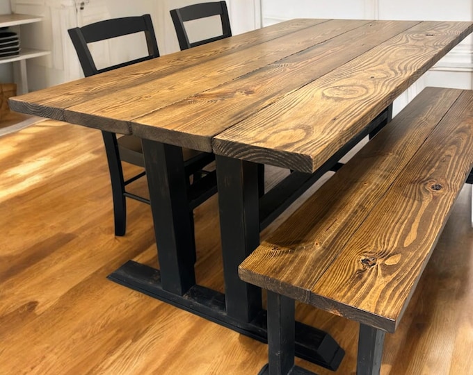 6ft Farmhouse Table - Bench and Chair Seating - Distressed Black, Provincial Brown - Wooden Pedestal Base - Dining Or Kitchen Table - Modern