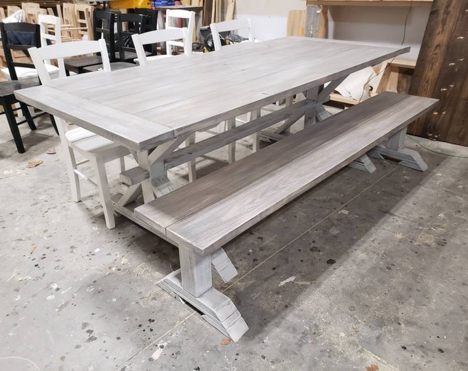 7ft Rustic Farmhouse Table Set With Long Bench and Chairs with Breadboards, Gray White Wash Finish, Distressed White Base Wooden Dining Set