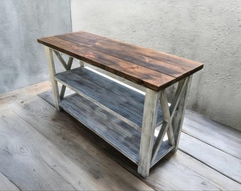 Wooden Sideboard - Buffet or Entertainment Stand - Distressed White Dark Walnut Top - Rustic Farmhouse Style Shelving.