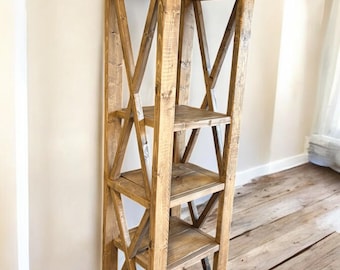 Tall Farmhouse Bookcase: Special Walnut Brown Shelving Unit