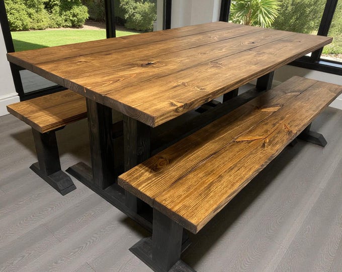 Farmhouse Trestle Dining Table - Solid Wood Two Tone Rustic Kitchen Set