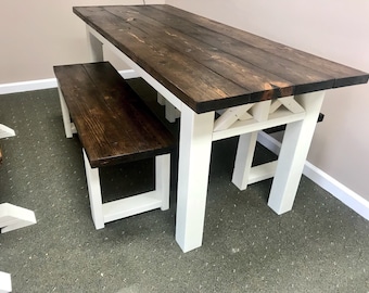 Rustic Farmhouse Table Set: Espresso Top, Antique White Base, Criss Cross Benches