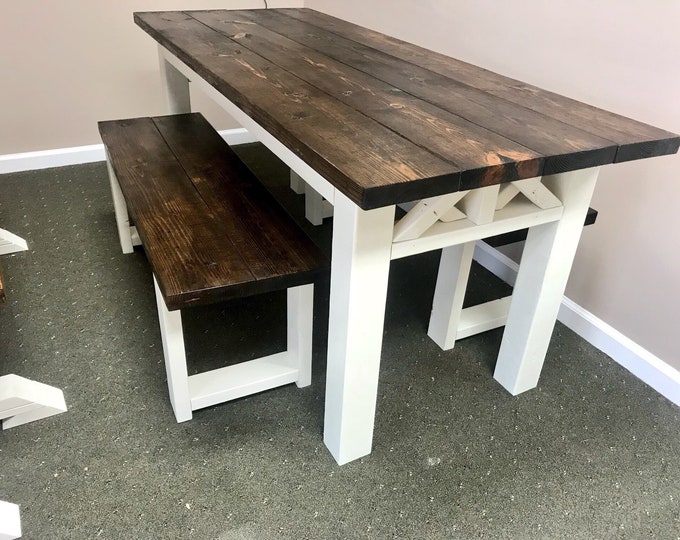 Rustic Wooden Farmhouse Table Set with Espresso Top and Antique White Base Criss Cross Style Includes Two Benches