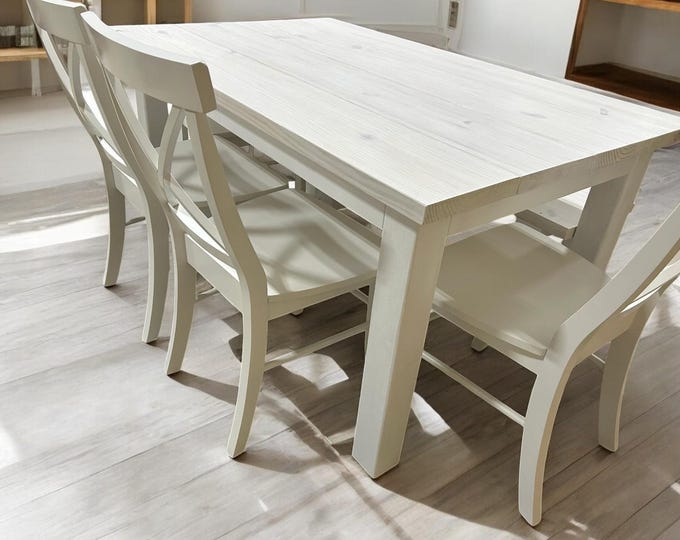 White Dining Table Set - Chair and Bench Combo - Marshmallow White, Antique White - Coastal Farmhouse Kitchen Table Set