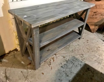 Rustic Wooden Buffet Table, Rustic Console Table, Farmhouse Buffet Table, White Wash with Gray Base and White Wash Top