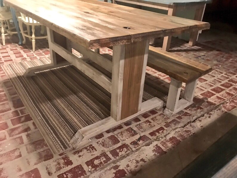 Rustic Pedestal Farmhouse Table With Long Bench Rustic Dining Etsy