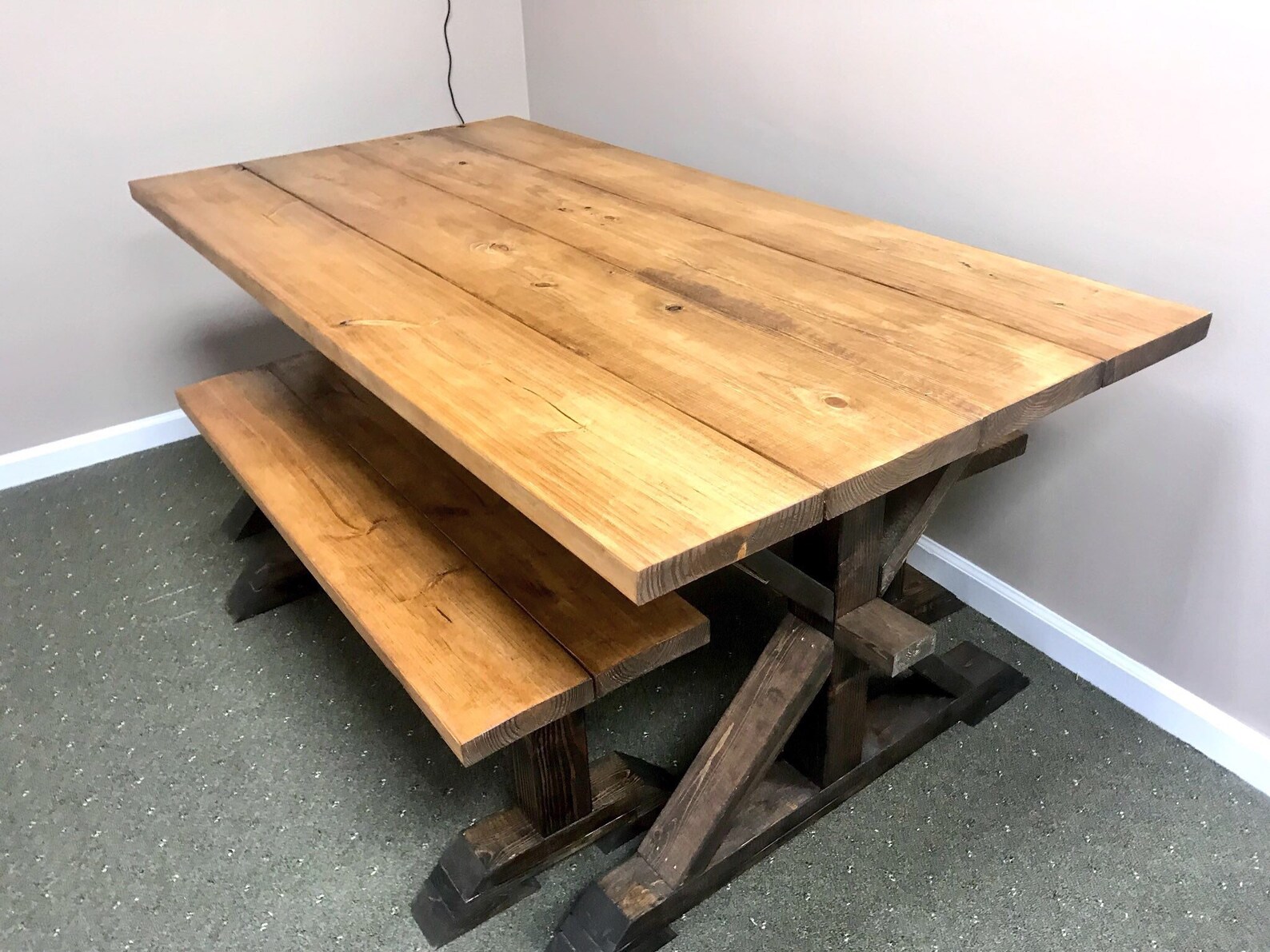 Rustic Pedestal Farmhouse Table With Benches Early American Etsy