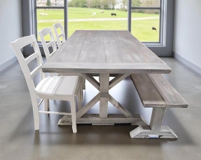 Handmade Farmhouse Table Set: Whitewash Wood Kitchen Table with Bench