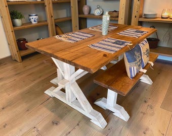 Farmhouse Trestle Dining Table Set Benches Rustic Wood Pine Kitchen Handmade Solid Furniture
