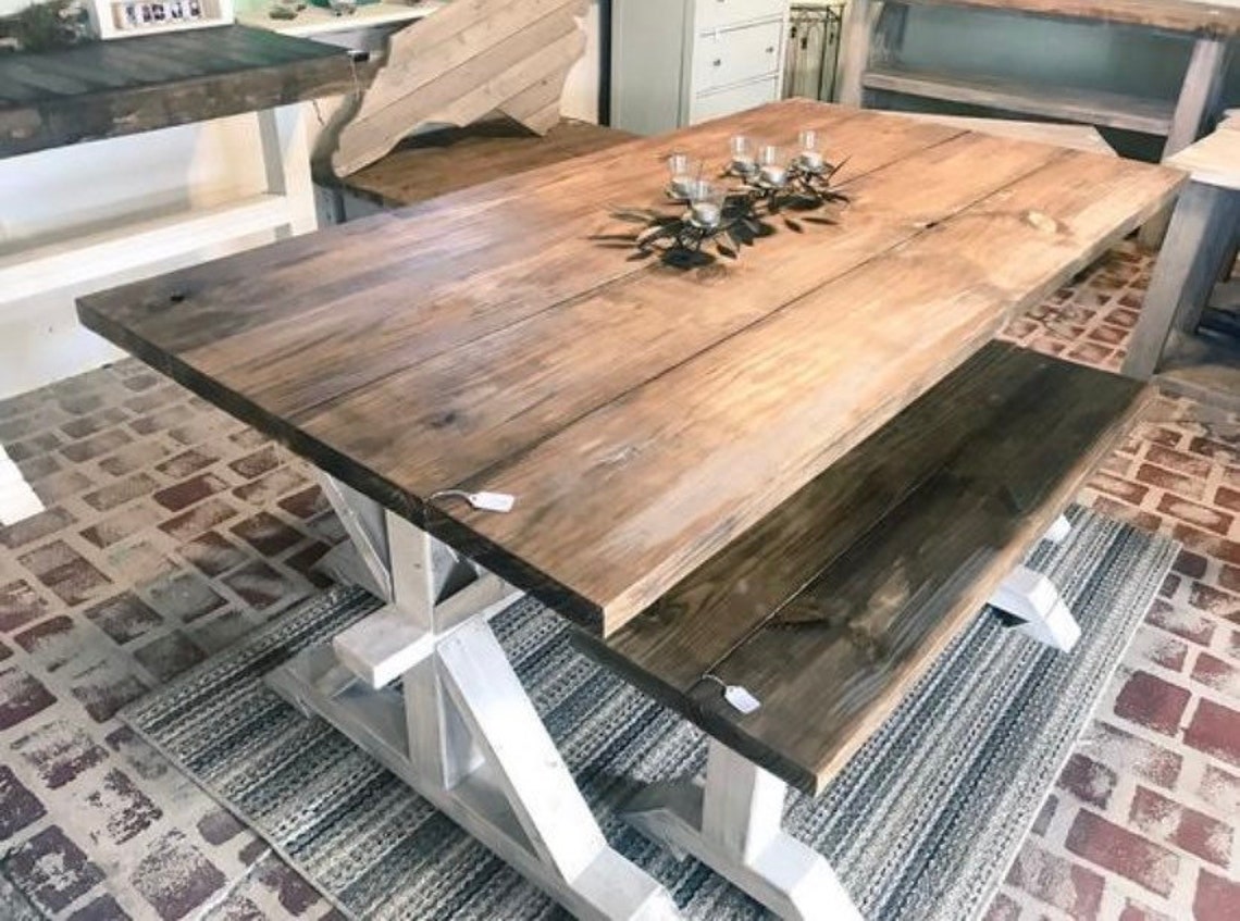 Rustic Pedestal Farmhouse Table With Benches Provincial Brown Etsy