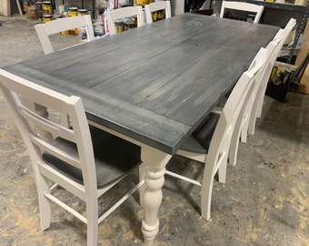 Farmhouse Table with Turned Legs, Chair Set Carbon Gray White Wash Top and Antique White Base, Wooden Dining Table