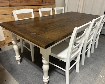 Turned Leg Farmhouse Table - With Chairs - Antique White, Dark Walnut - Breadboard Ends - Dining Set