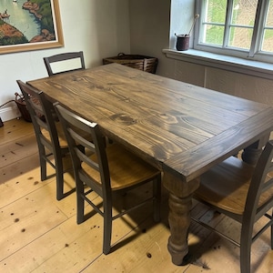 Farmhouse Dining Table Set 6ft Turned Legs Solid Wood Rustic Kitchen Bench Chairs Custom
