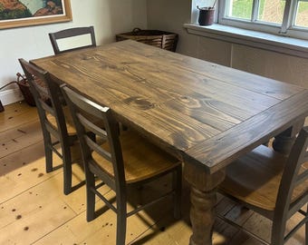 Farmhouse Dining Table Set 6ft Turned Legs Solid Wood Rustic Kitchen Bench Chairs Custom