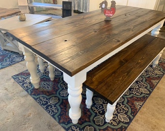 Chunky Turned Leg Farmhouse Table with Benches, Dark Walnut and Antique White, Wooden Dining Set