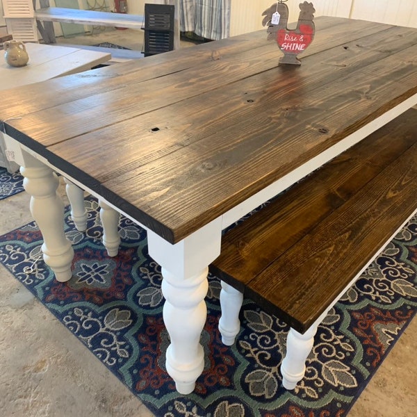 Chunky Turned Leg Farmhouse Table with Benches, Dark Walnut and Antique White, Wooden Dining Set