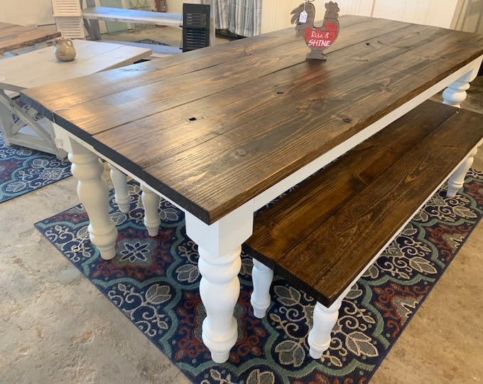 Chunky Turned Leg Farmhouse Table with Benches, Dark Walnut and Antique White, Wooden Dining Set