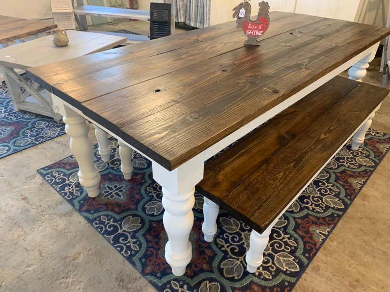Rustic Farmhouse Table Set With Turned Chunky Legs Includes Two Benches Dark Walnut Top And Antique White Base Dining - Antique White Coffee Table With Dark Wood Top Rustic Farmhouse Table Set With Turned Chunky Legs Includes Two Benches Dark Walnut Top And Antique White Base Dining - Antique White Coffee Table With Dark Wood Top