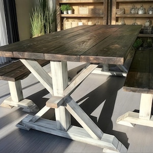 Farmhouse Dining Set: Trestle Table with Benches, Dark Walnut Top, Distressed White Base