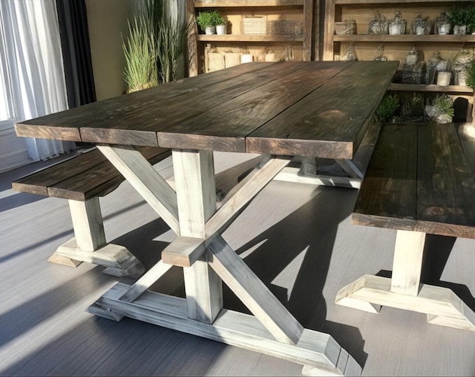 Wood Dining Table and Benches – Farmhouse Dining Set – Kitchen Table with Wood Benches – Dark Walnut Stain