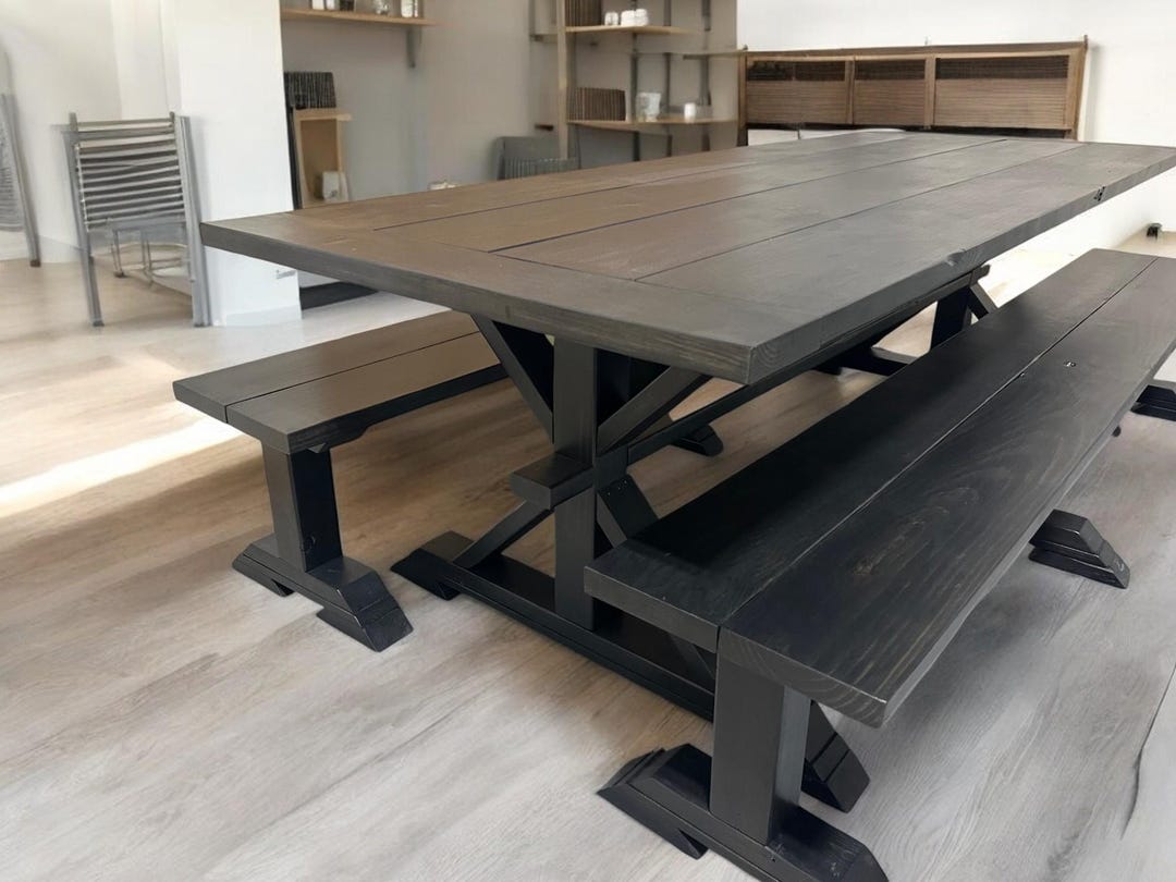 Black Farmhouse Dining Table With Benches: Modern Trestle Table Set - Etsy