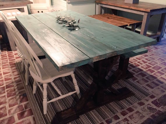 Farmhouse Table With Bench Beatiful Teal Distressed Top With