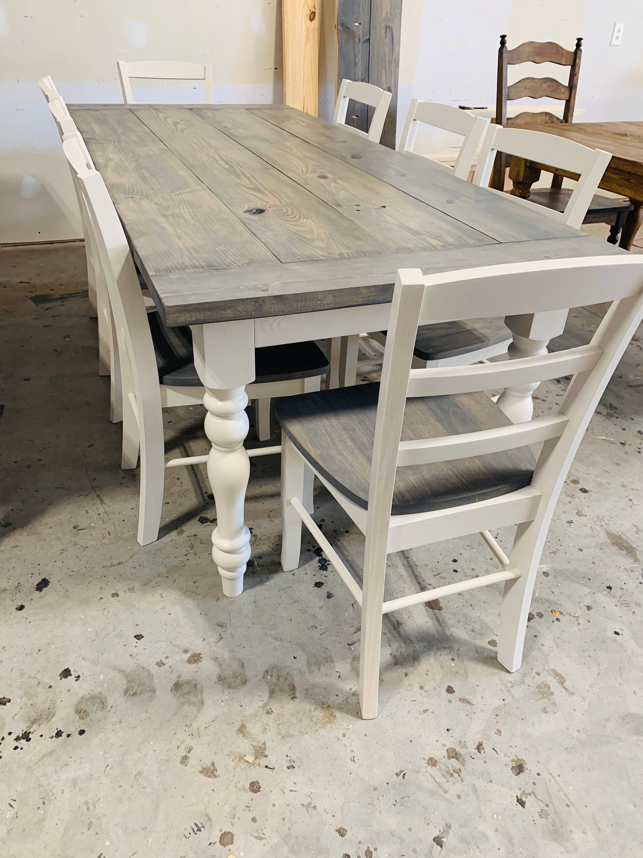 7ft Rustic Farmhouse Table with Turned Legs, Chair Set Classic Gray Top