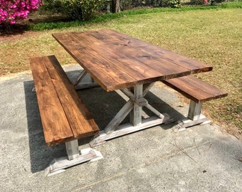 Rustic 7ft Farmhouse Dining Table Set: Provincial Brown, Distressed White Base
