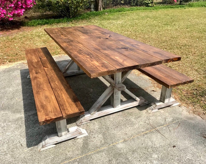 Rustic Pedestal 7ft Farmhouse Table With Long Benches Provincial Brown with White Distressed Base Dining Set