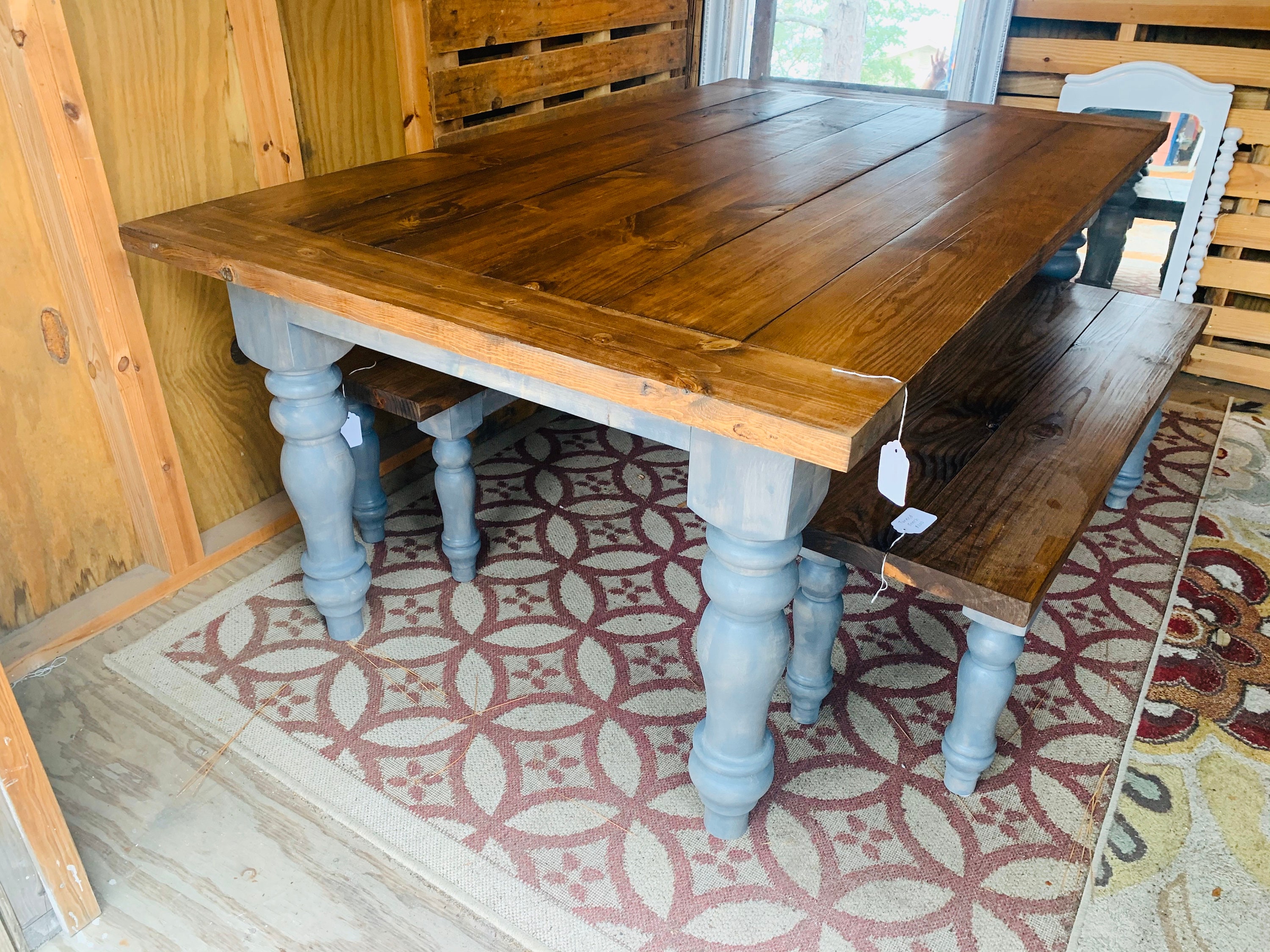 Rustic Farmhouse Table Set With Chunky Turned Legs and Breadboards Two Benches Provincial Brown Top and Classic Gray Stain Base Etsy