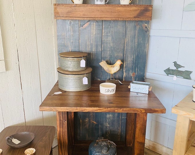 Rustic Farmhouse Coffee Bar with Floating Shelf, Entryway Furniture or Buffet with Charcoal Back and Provincial Shelving Wooden Furniture
