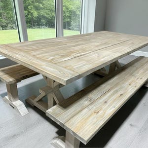 Farmhouse Dining Table Set Benches Trestle 7ft Gray Whitewash Rustic Wood Pedestal Handmade Furniture