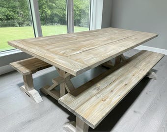 Farmhouse Dining Table Set Benches Trestle 7ft Gray Whitewash Rustic Wood Pedestal Handmade Furniture