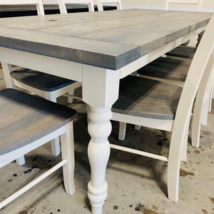 Modern Farmhouse Table with Turned Legs, Chair Set Classic Gray Top and Antique White Base, Wooden Dining Table