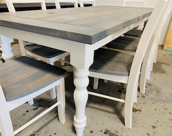 Modern Farmhouse Table with Turned Legs, Chair Set Classic Gray Top and Antique White Base, Wooden Dining Table