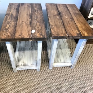 Rectangle End Tables Set with Shelve, Distressed White Base with Provincial Brown Top Pair of Farmhouse Side Tables, Wooden Table