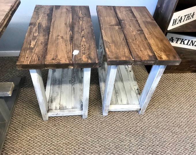 Rectangle End Tables Set with Shelve, Distressed White Base with Provincial Brown Top Pair of Farmhouse Side Tables, Wooden Table